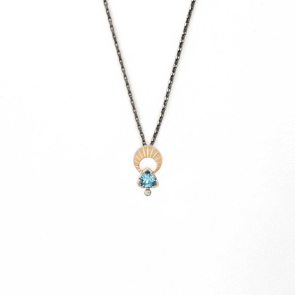 Above and Below necklace with 14K gold pendant with aquamarine and diamond, oxidized sterling silver chain 