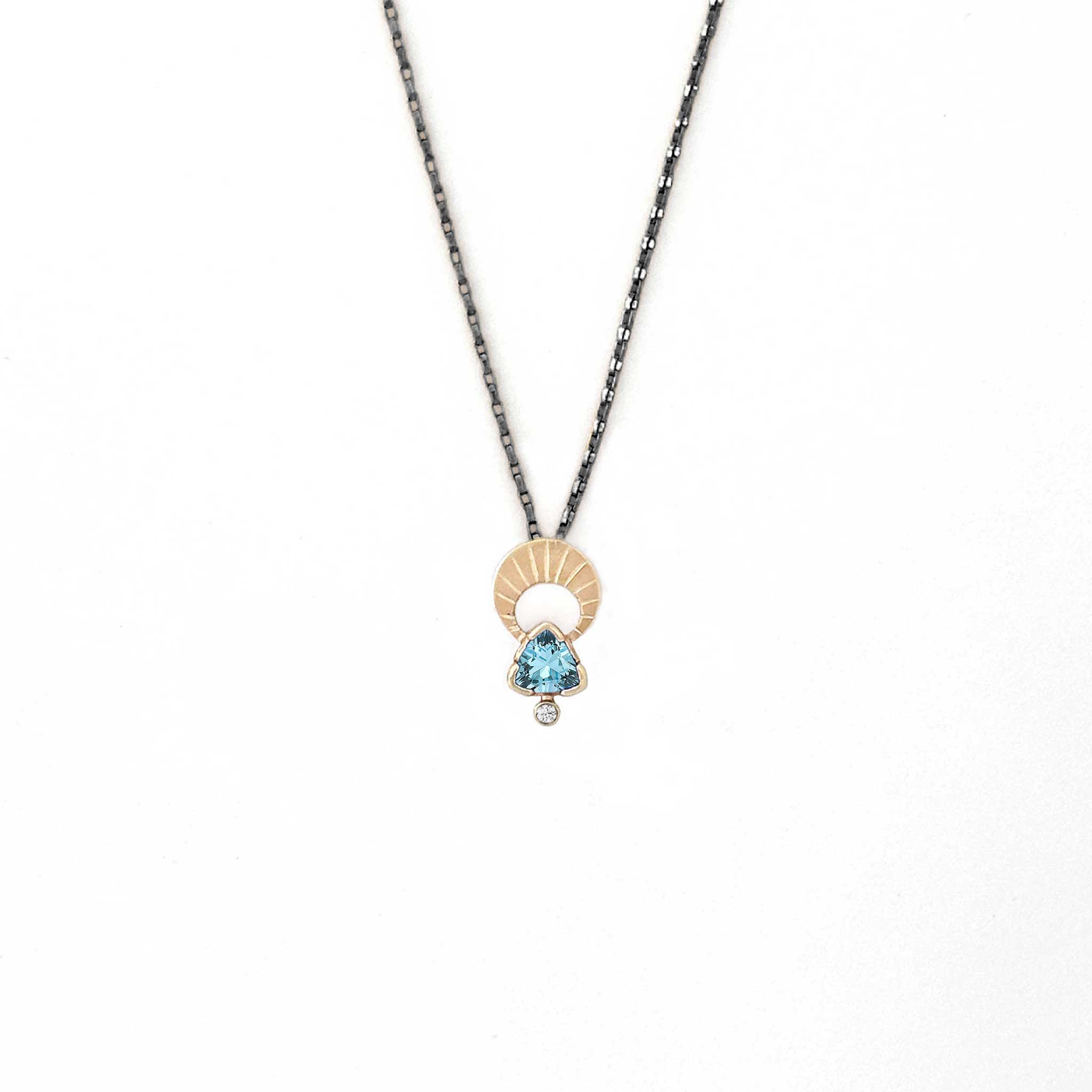Above and Below necklace with 14K gold pendant with aquamarine and diamond, oxidized sterling silver chain 