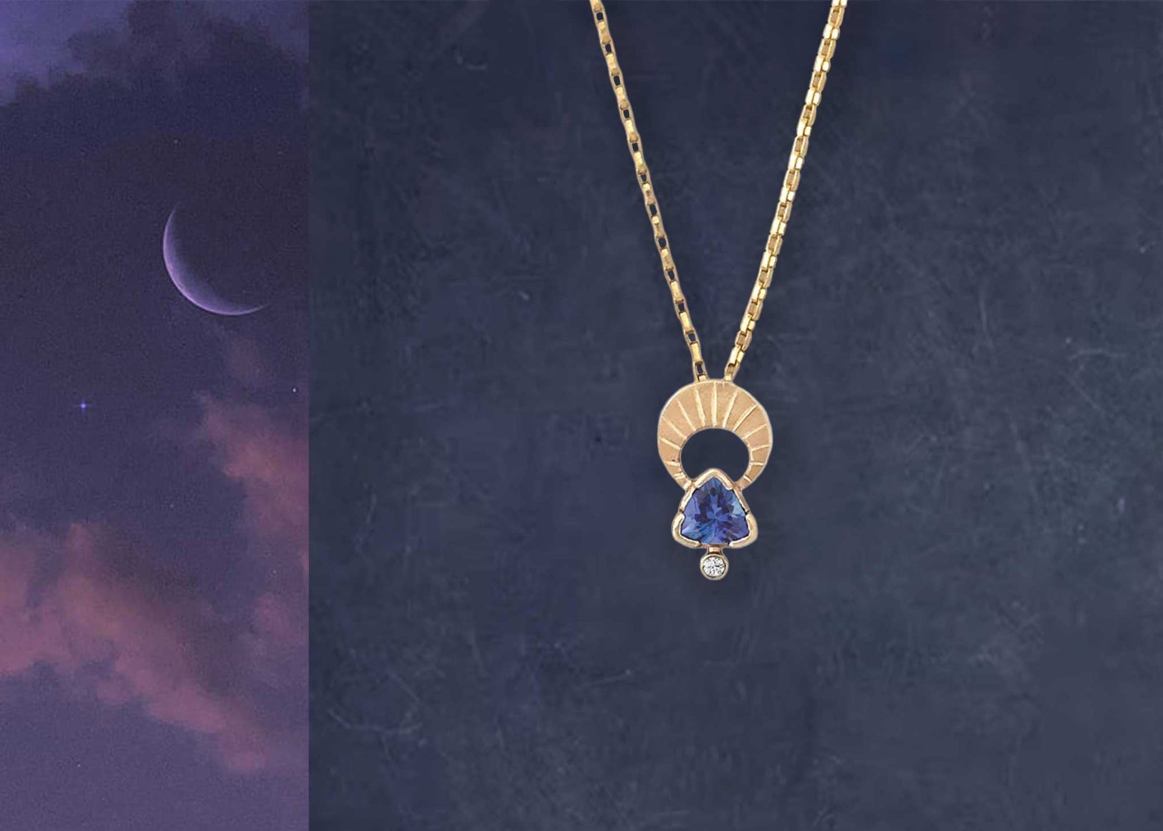 Close up of Above and Below 14k gold and tanzanite necklace, over a purple moon