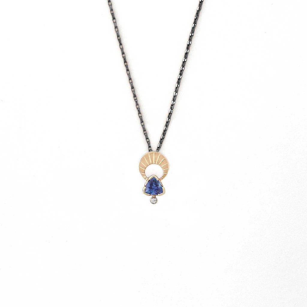 Above and Below necklace with 14K gold pendant with tanzanite and diamond, oxidized sterling silver chain 