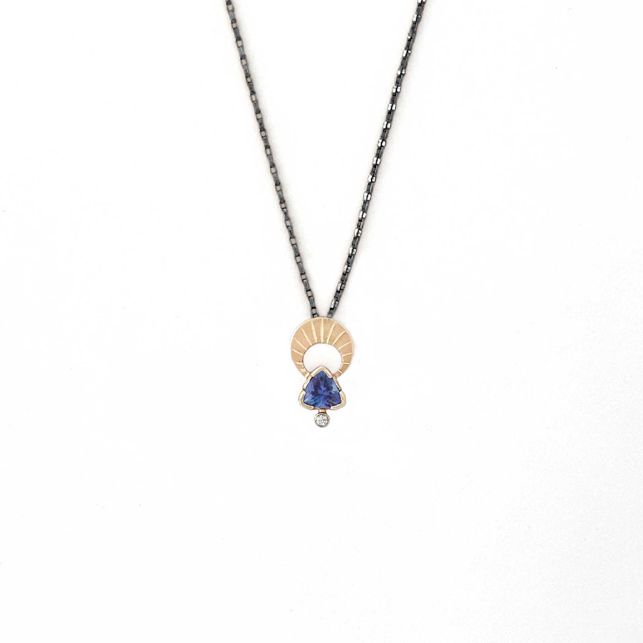 Above and Below necklace with 14K gold pendant with tanzanite and diamond, oxidized sterling silver chain 