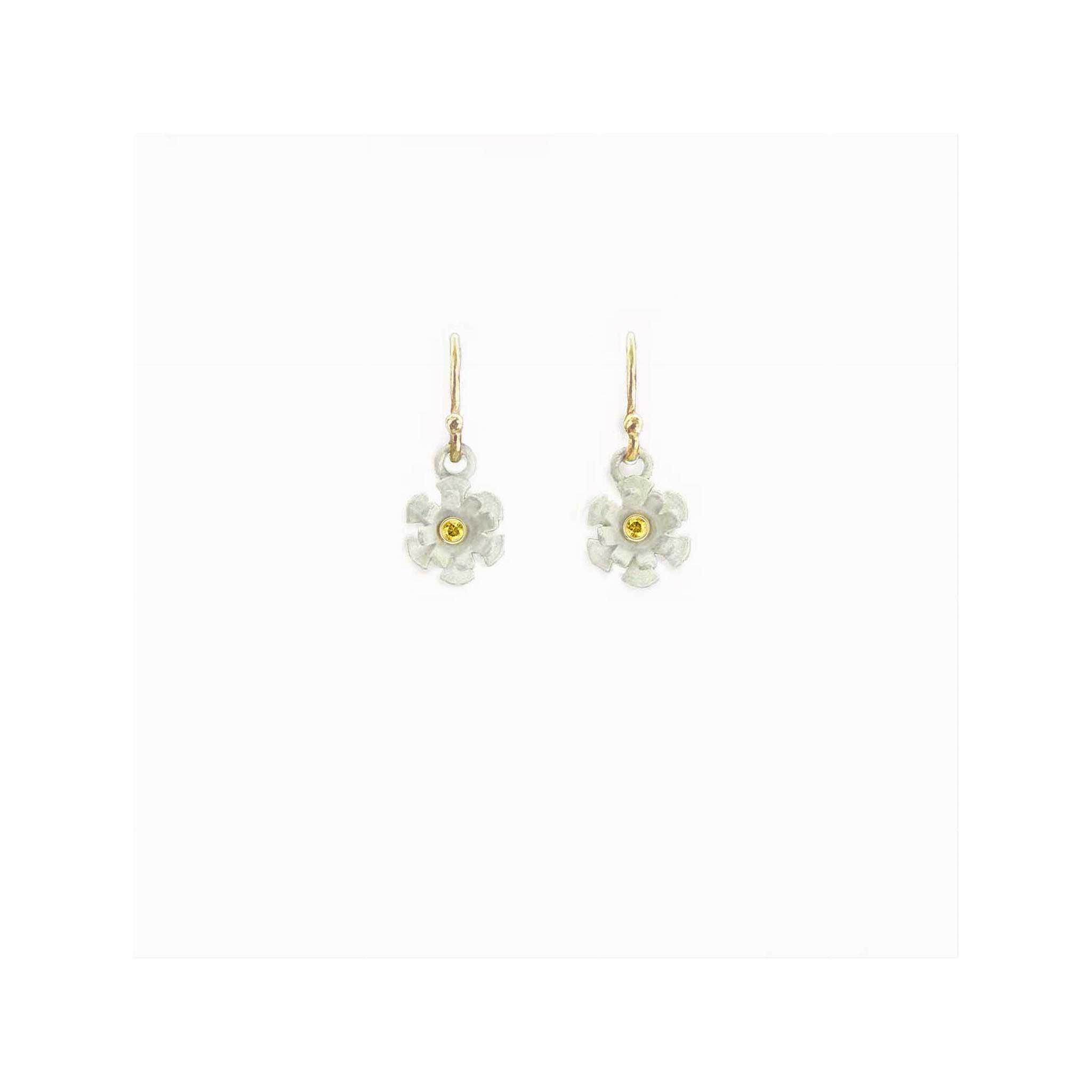 Blossom dangle earrings with matte white sterling silver petals and 1.7 mm yellow sapphire in 14K gold center