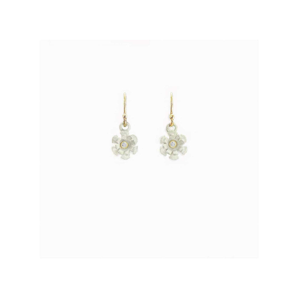 Blossom dangle earrings with matte white sterling silver petals and 1.7 mm diamond in 14K gold center