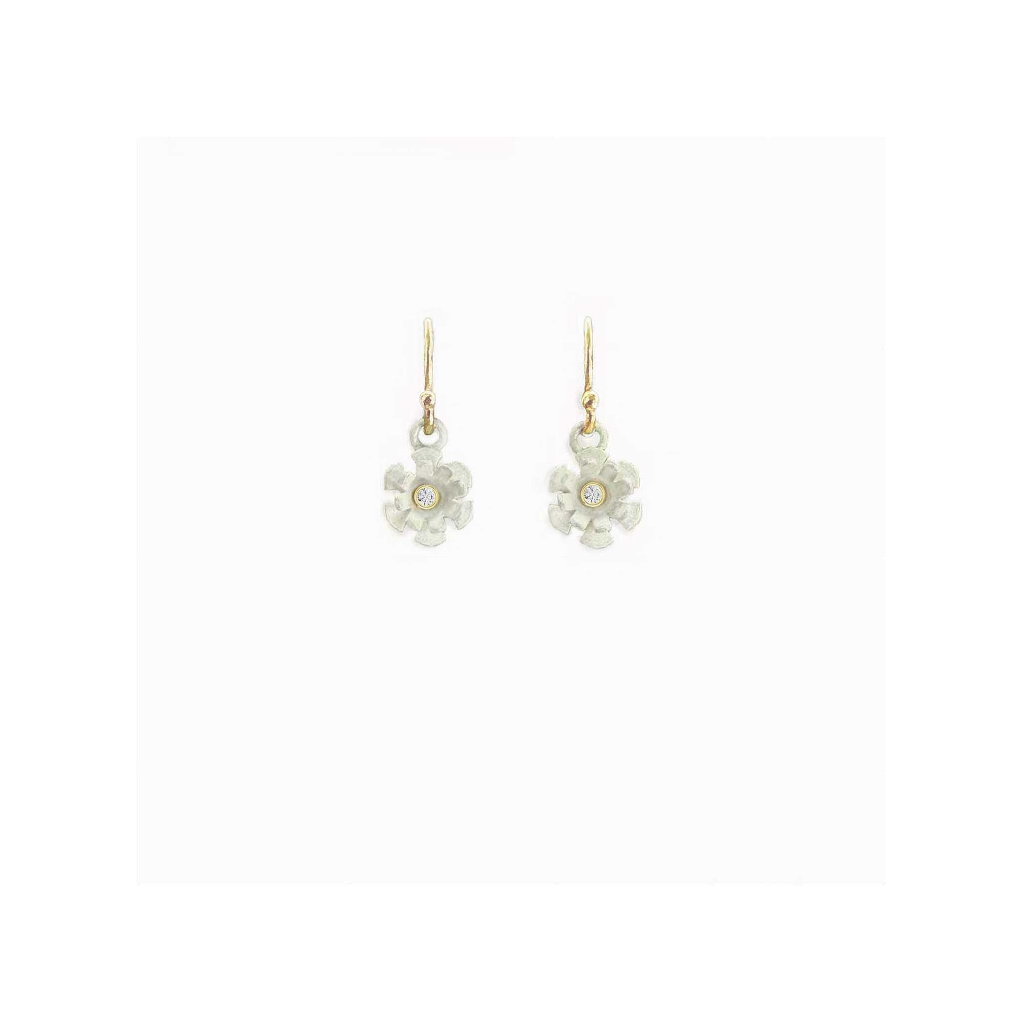 Blossom dangle earrings with matte white sterling silver petals and 1.7 mm diamond in 14K gold center