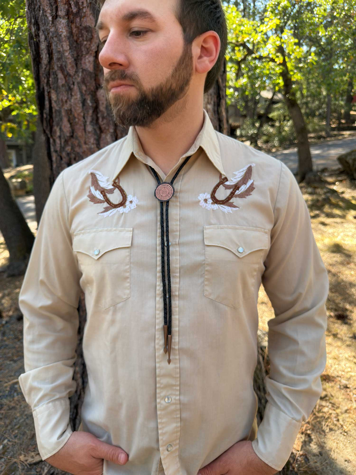 Redwood Slice Bolo Tie – Etched Copper | Braided Leather Cord