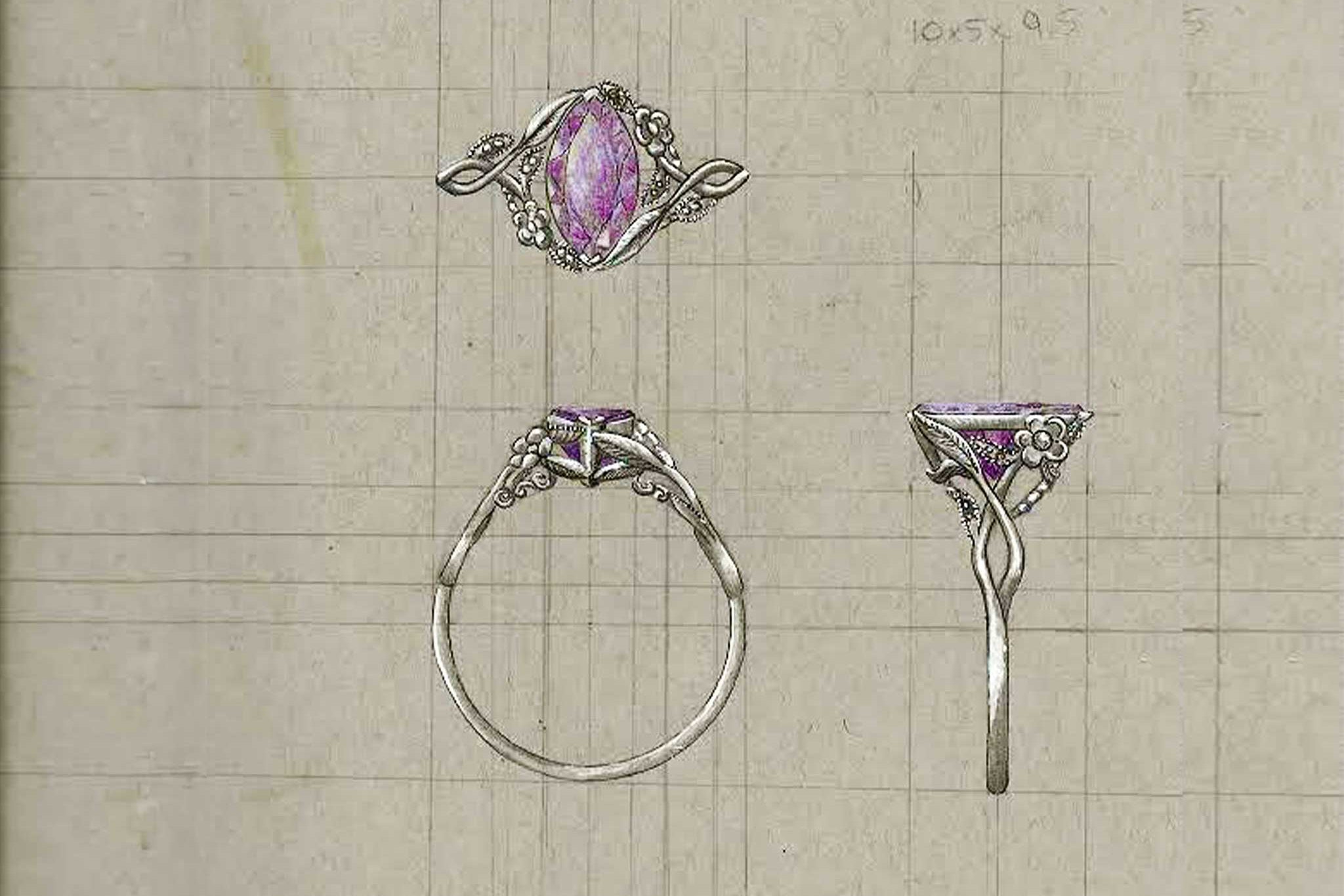Custom engagement ring design of white gold rings with amethyst on a grid background 