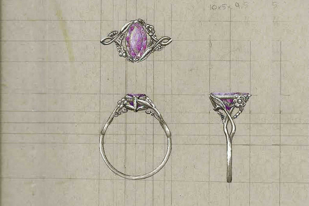 Custom engagement ring design of white gold rings with amethyst on a grid background 