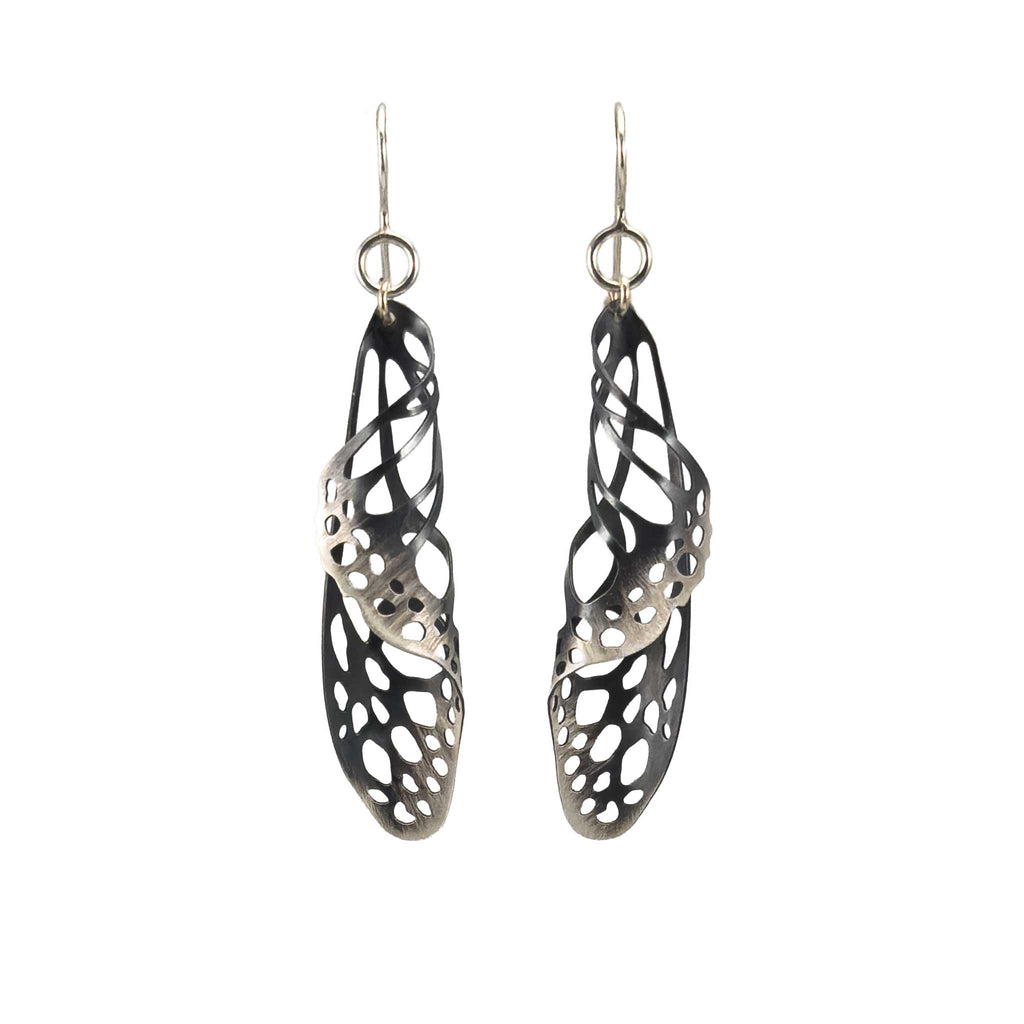 Pair of black and silver chrysalis butterfly drop earrings
