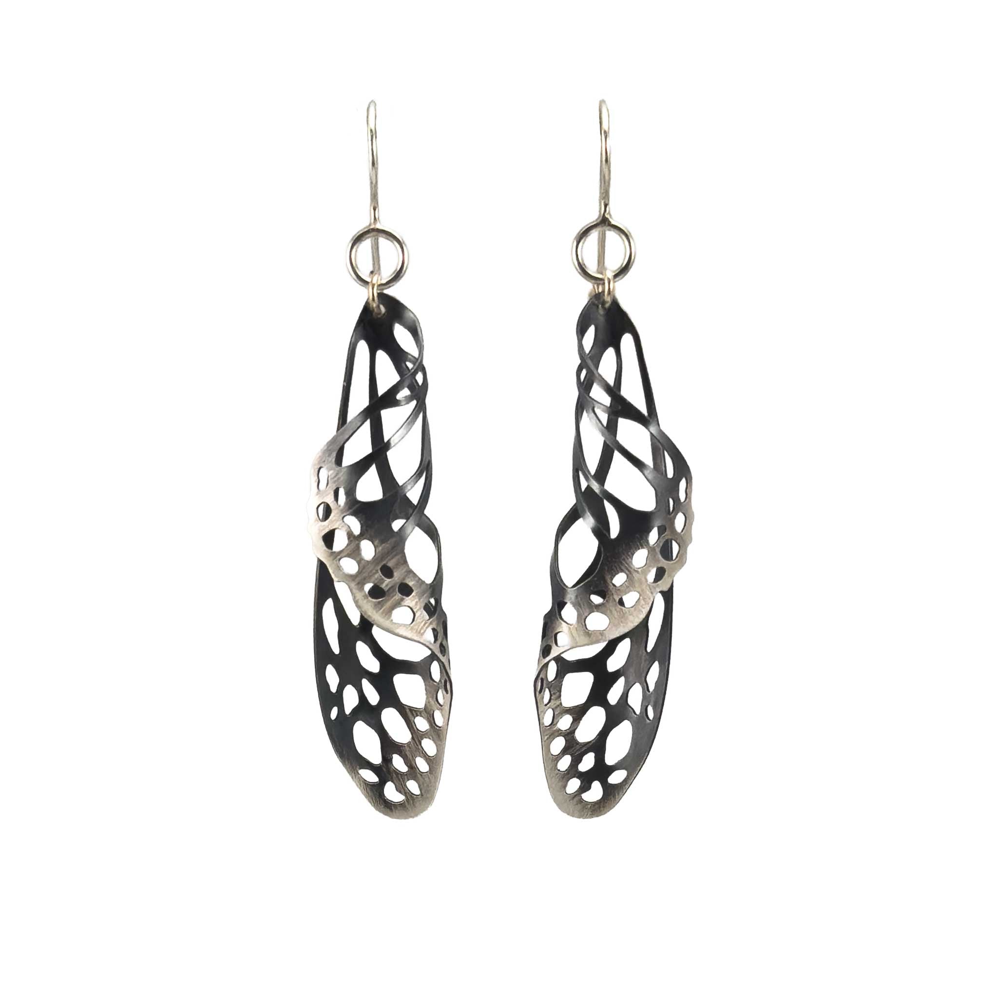 Pair of black and silver chrysalis butterfly drop earrings