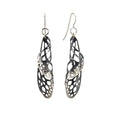 Chrysalis butterfly black and silver earrings with ear wire detail.