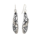Chrysalis butterfly black and silver earrings with ear wire detail.
