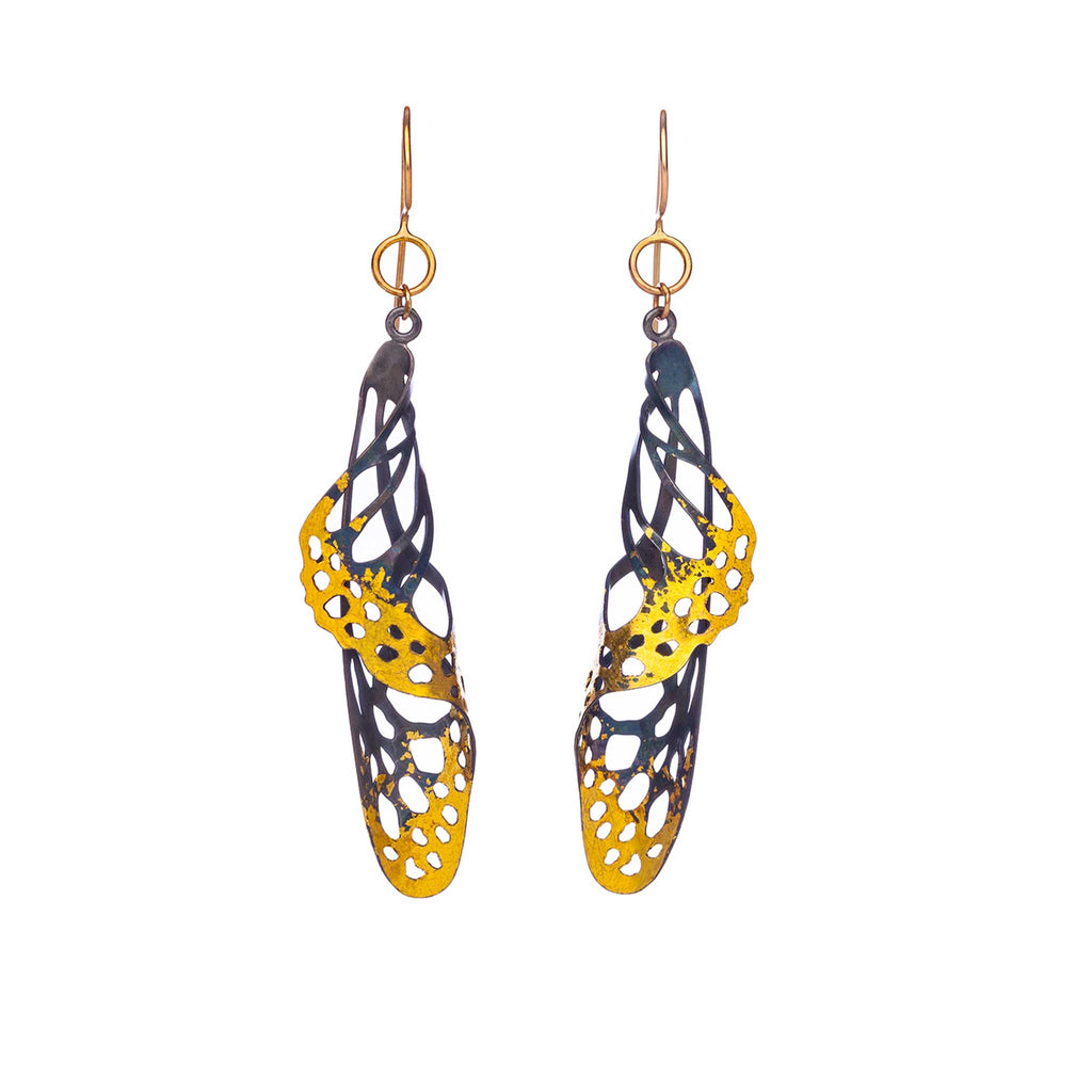 Chrysalis butterfly keum-boo dangle earrings on white background