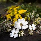 Custom silver flower wedding hair combs with brass vintage button centers in a garden | Camille Torres Designs