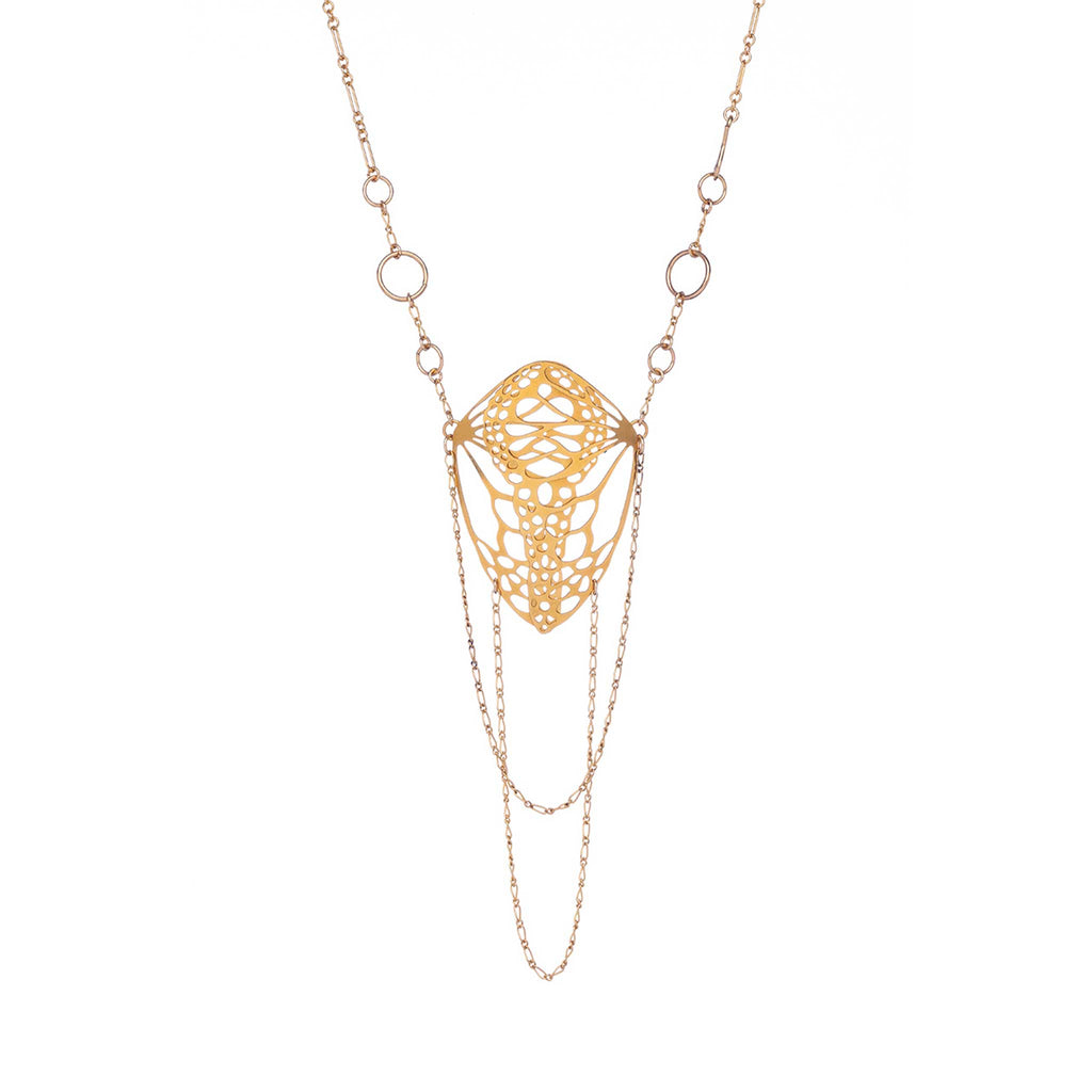 Close-up of 2-inch butterfly cocoon pendant from Opera Length Diaphanous necklace showing intricate cutwork