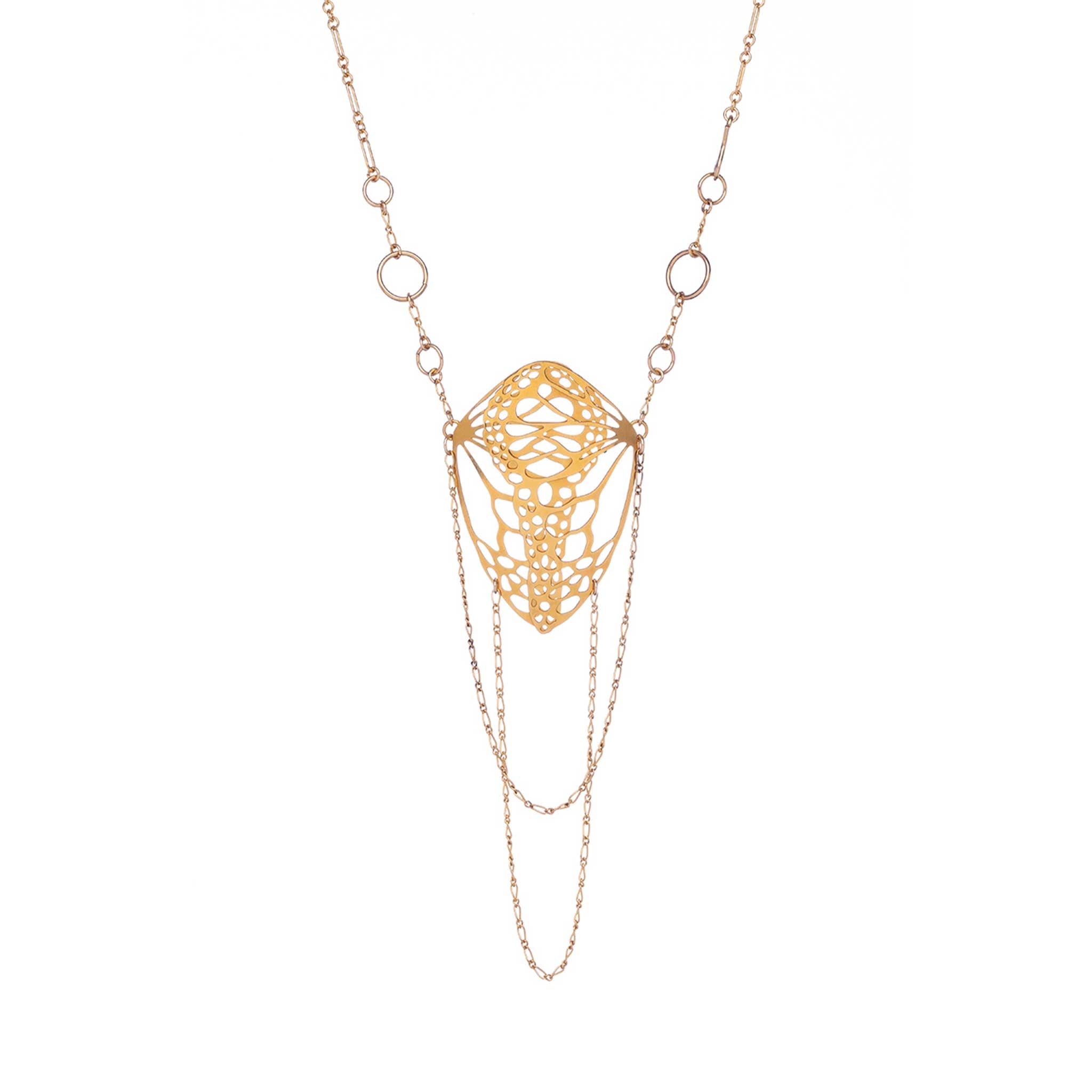 Close-up of 2-inch butterfly cocoon pendant from Opera Length Diaphanous necklace showing intricate cutwork