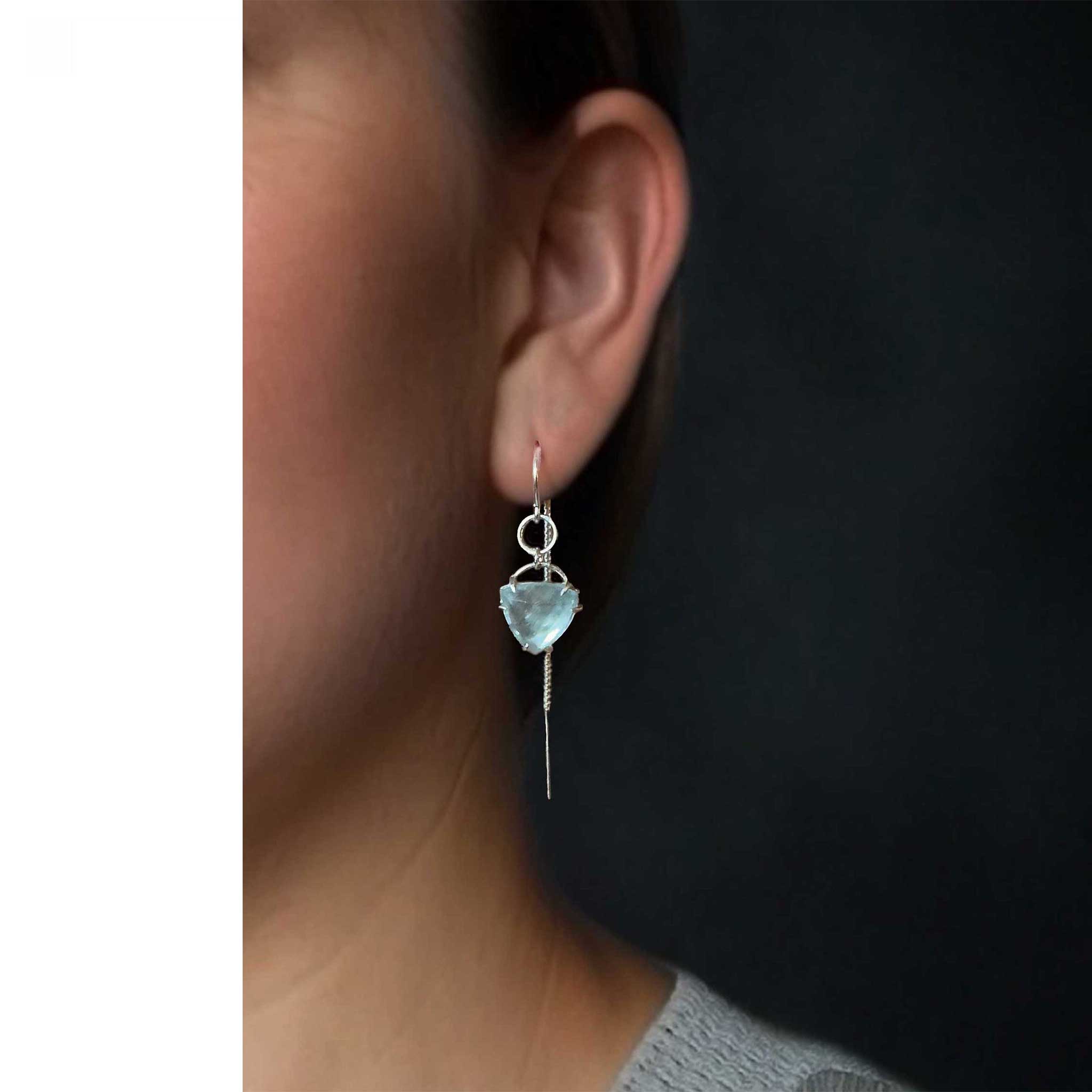 Detail of rose-cut blue topaz showing organic sparkle and light reflection through translucent stone on ear