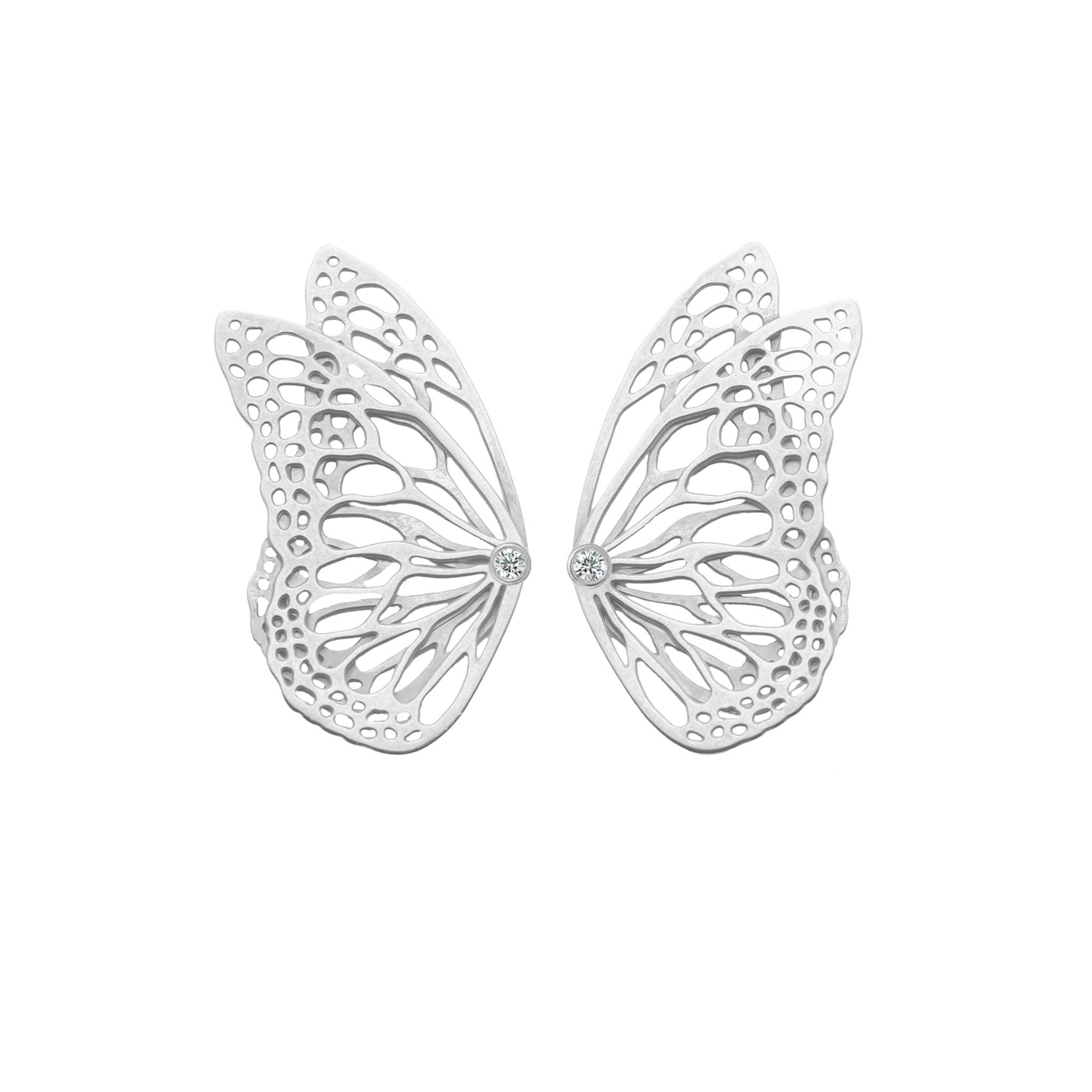 Flight butterfly silver ear climber with diamonds on white background