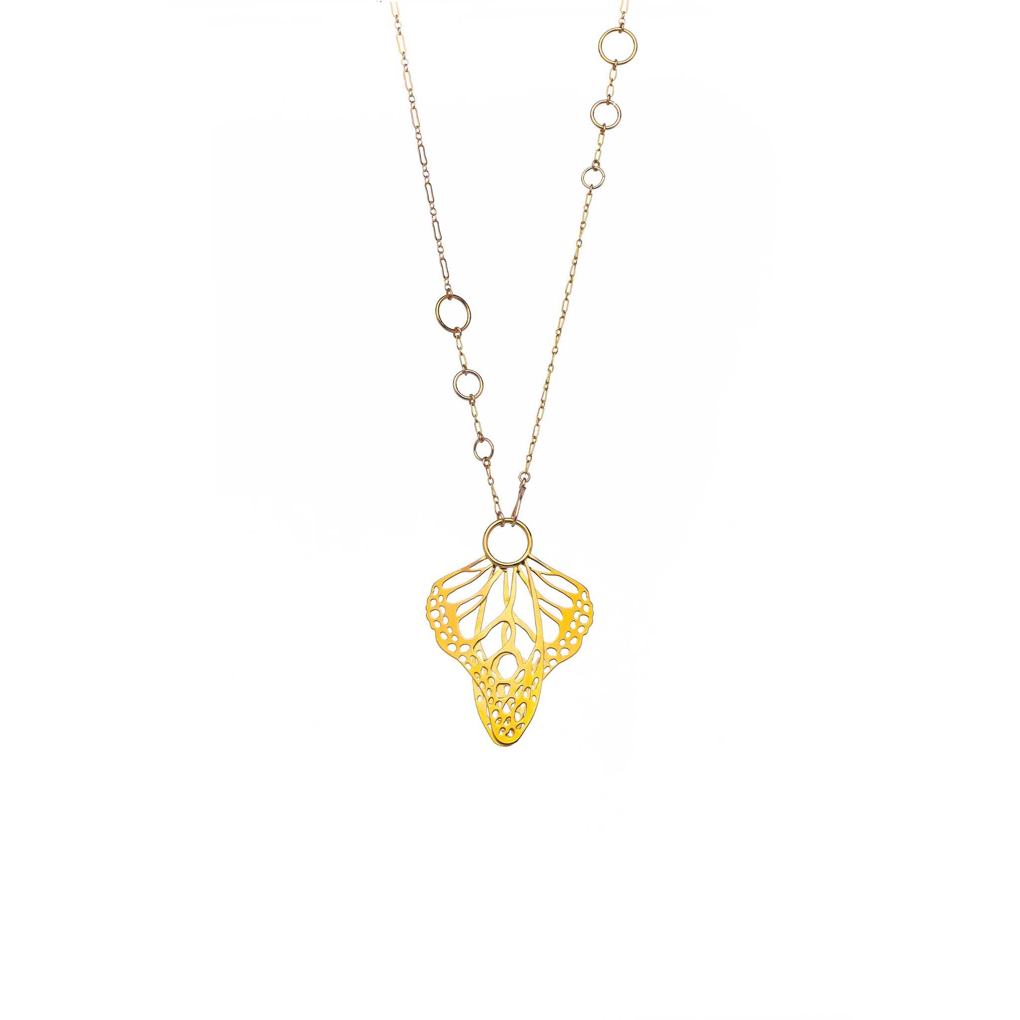Gold Metamorphosis necklace lariat with butterfly wings  pendant on a white background