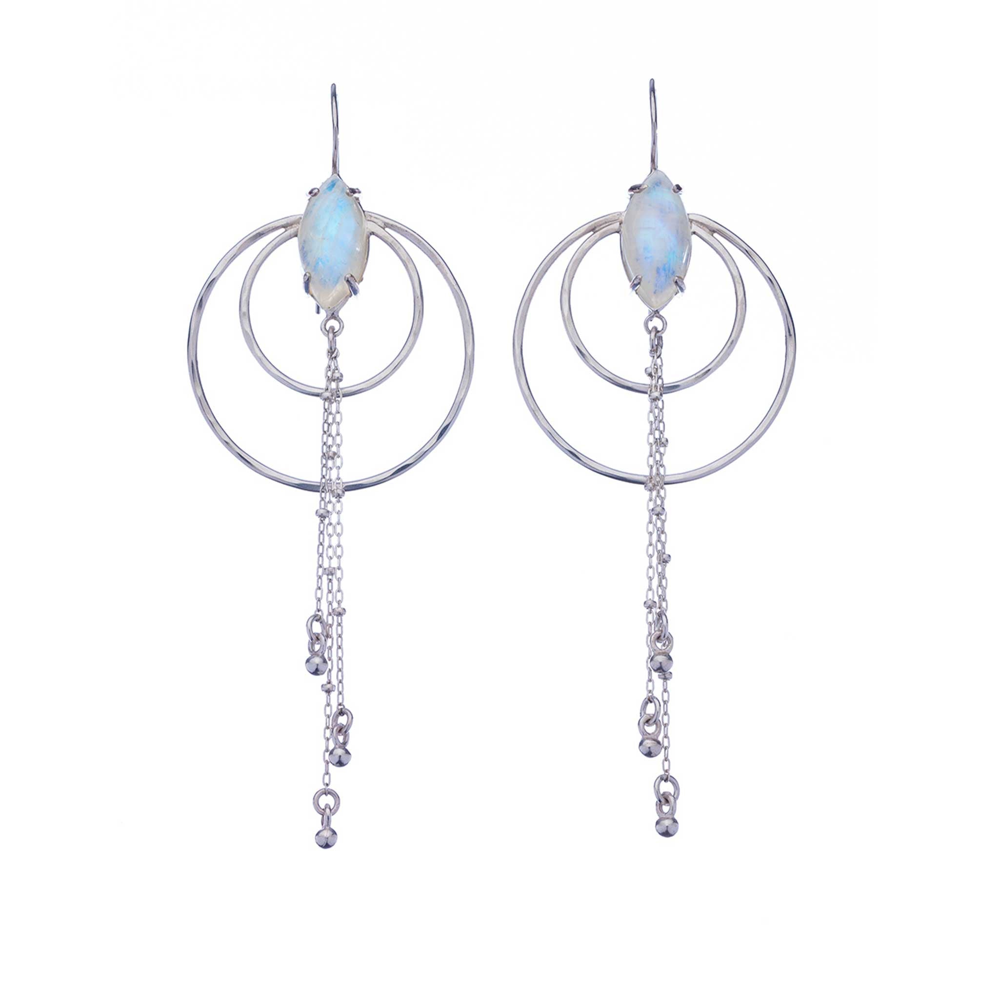 Pair of Luna Nouveau crescent drop earrings in sterling silver with natural moonstone accents