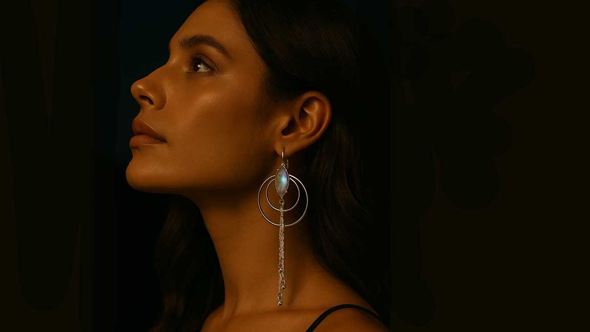 Luna Nouveau moonstone and silver chandelier earring on model