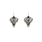 Metamorphosis butterfly dangle earrings in oxidized sterling silver with intricate lace wing pattern, 1.5 inches with gold ear wires | Camille Torres Designs