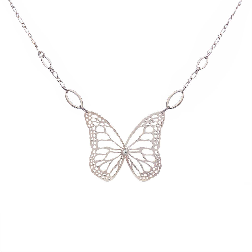 Silver butterfly necklace with diamond on a white background