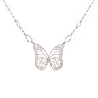 Silver butterfly necklace with diamond on a white background