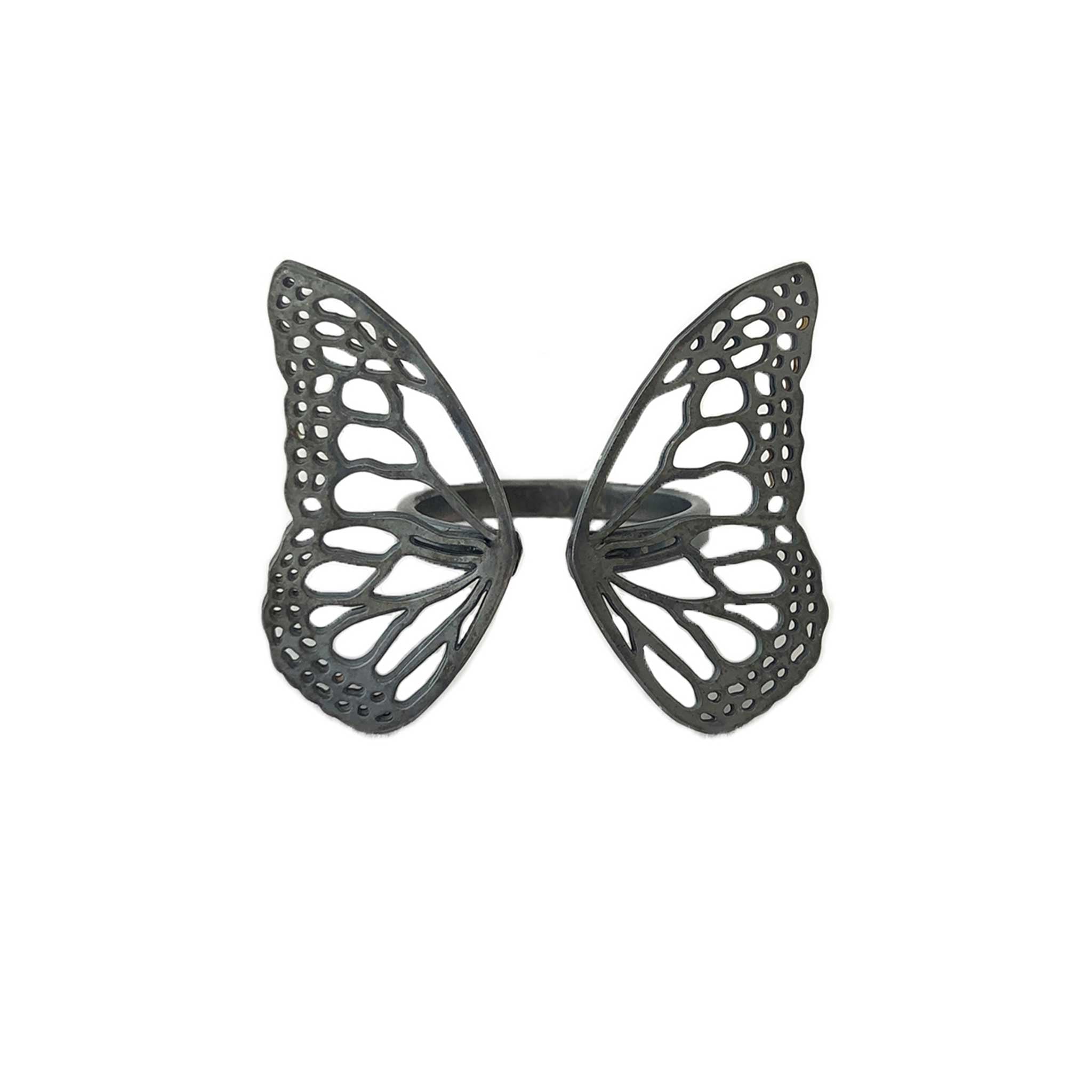 Black oxidized sterling silver butterfly-shaped adjustable statement ring on a white background