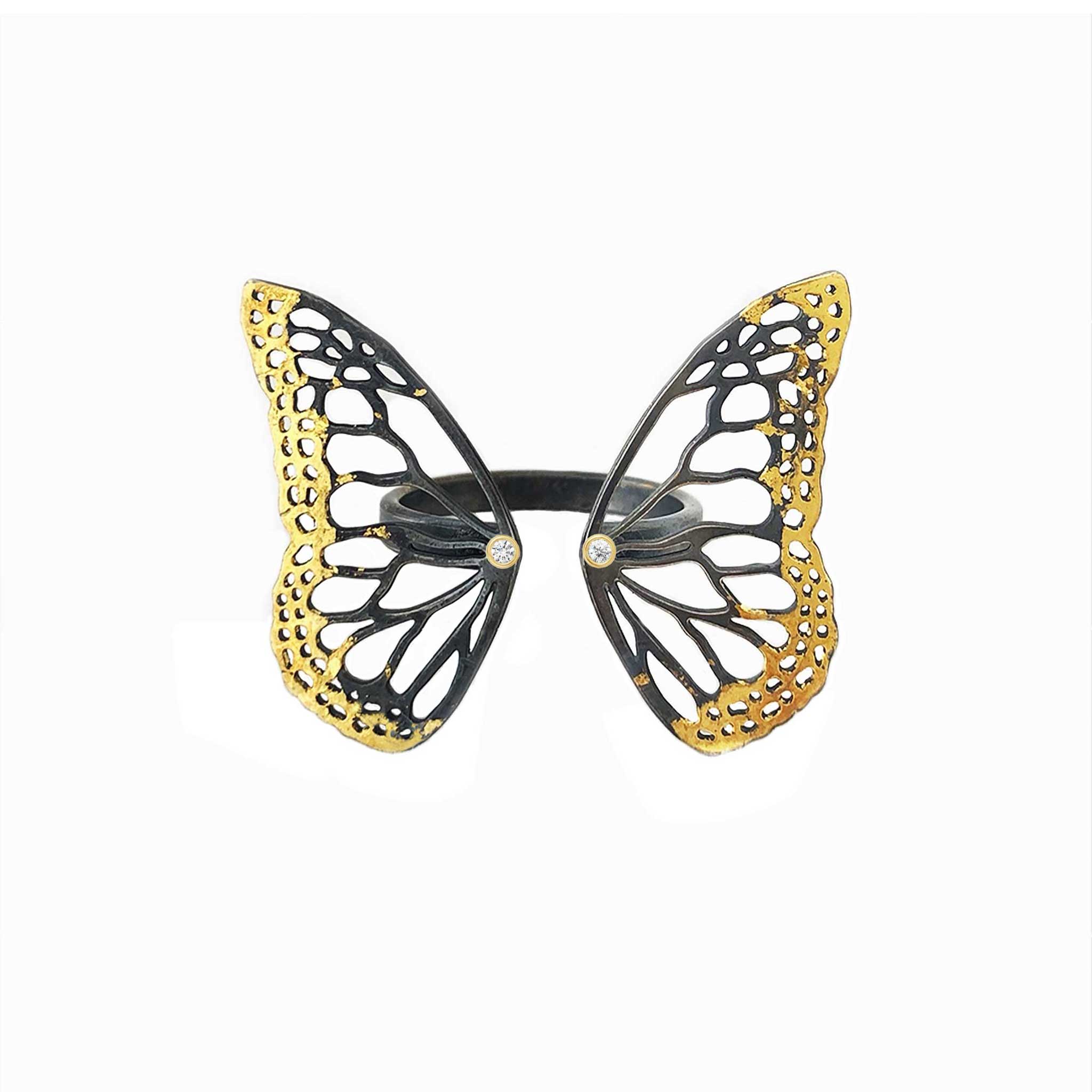 Migration Keum-boo ring with 2mm diamonds bezel-set in 14K gold at butterfly center