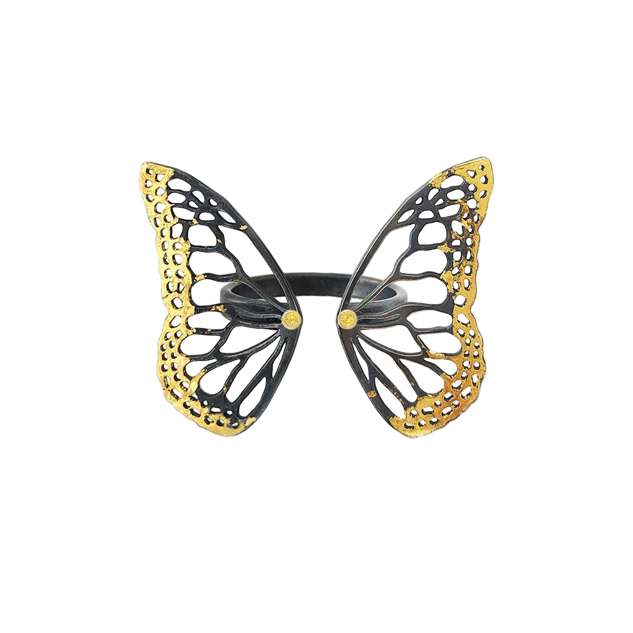 Migration Keum-boo ring with 2mm yellow sapphires bezel-set in 14K gold at butterfly center