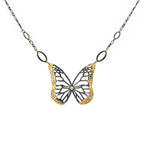 Butterfly necklace with 24k gold, black  silver and diamond on a white background