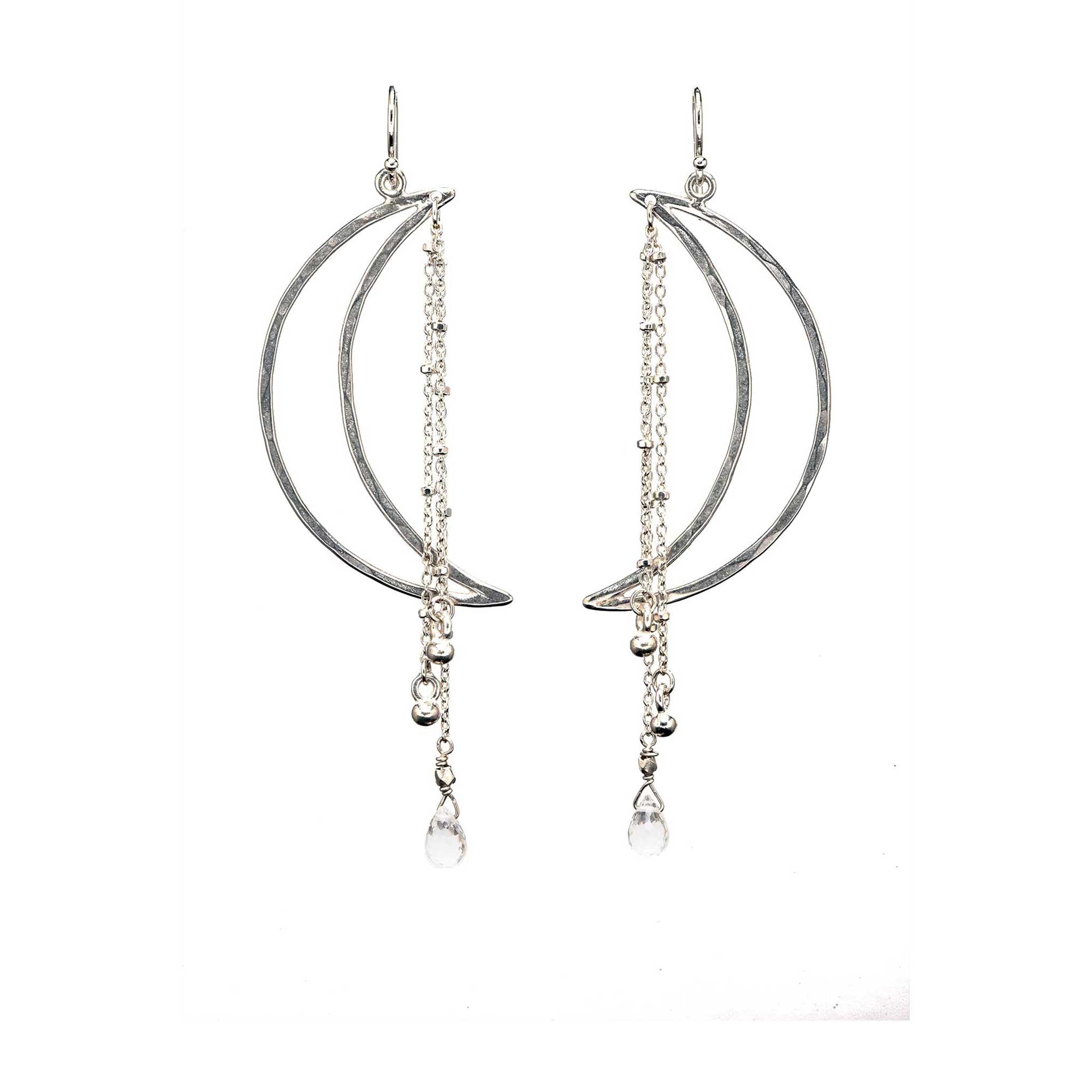 Pair of Moon Ray chandelier earrings in hammered sterling silver with satellite chain and faceted quartz drops