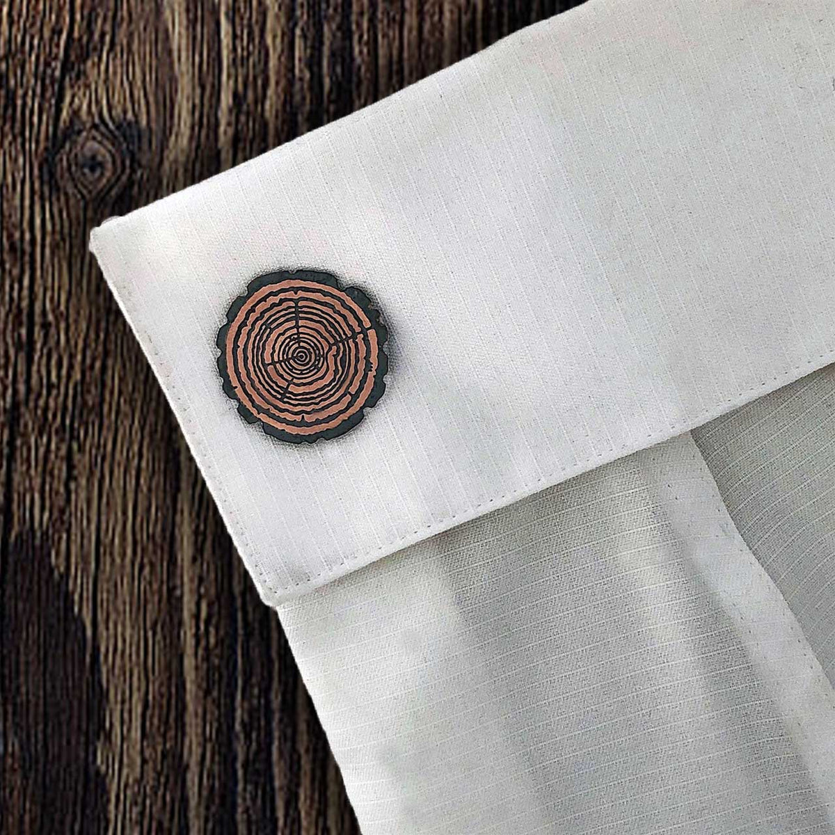 Redwood Slice Cufflinks – Etched Copper | Sterling Silver Backs