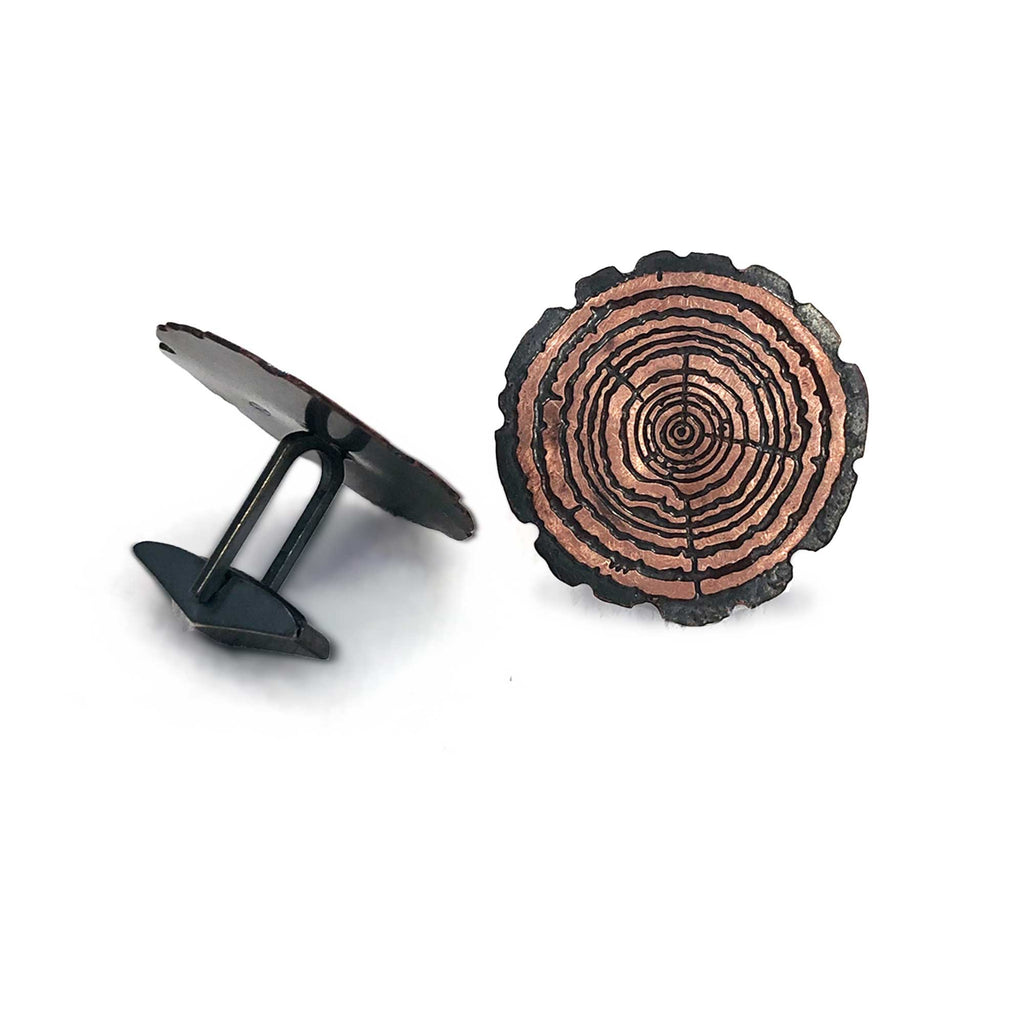 Redwood Slice Cufflinks – Etched Copper | Sterling Silver Backs