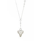 Silver Metamorphosis necklace lariat with butterfly wings  pendant on a white background