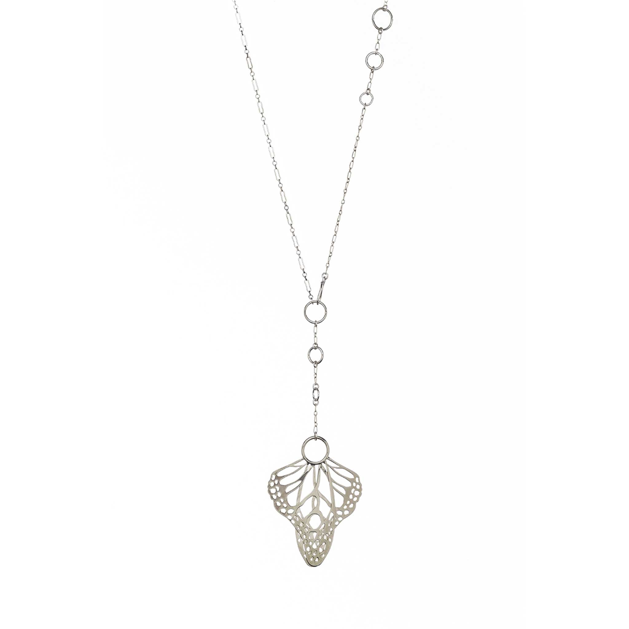 Silver Metamorphosis necklace lariat with butterfly wings  pendant on a white background