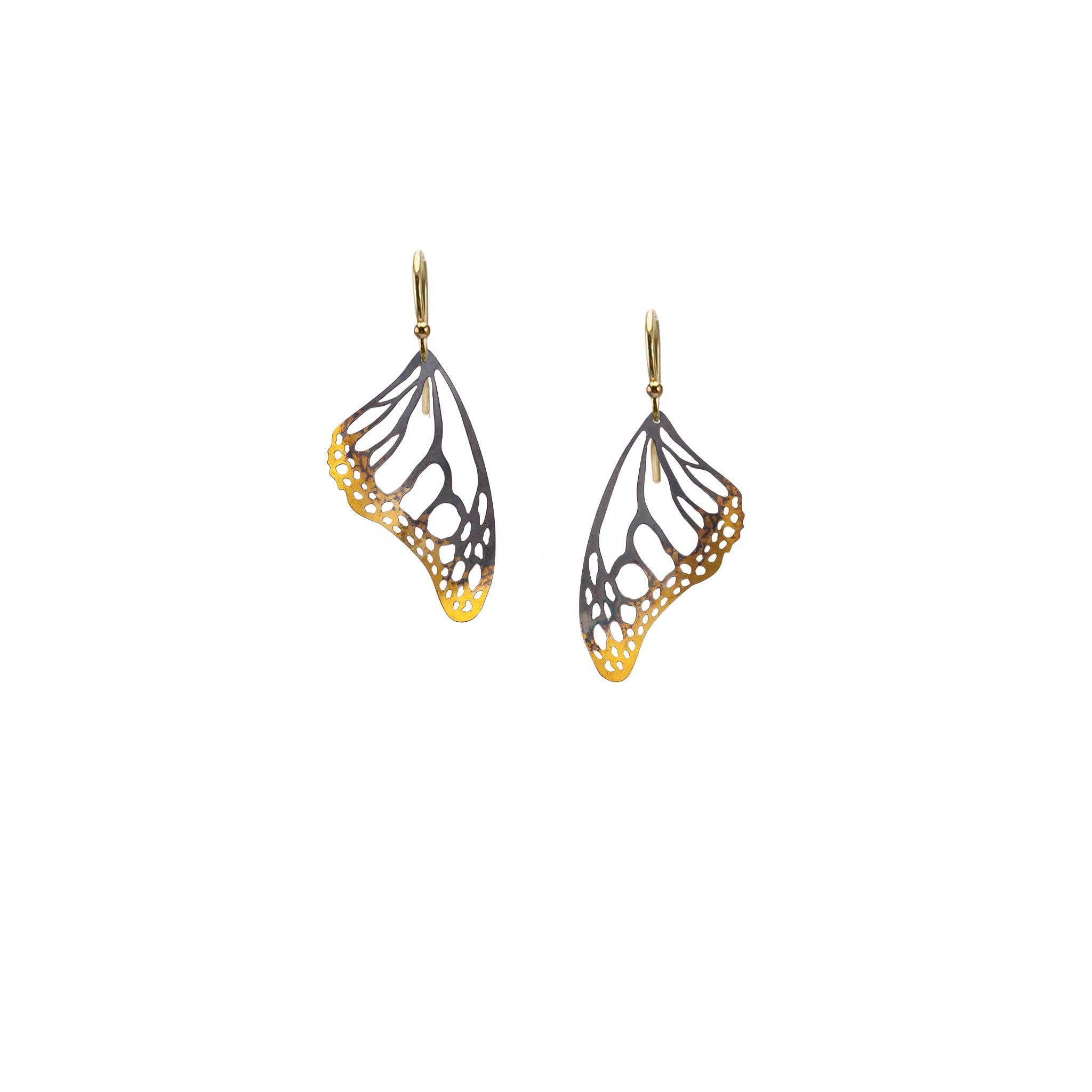 Butterfly wing keum-boo black and gold earrings with 14k ear wires on a white background