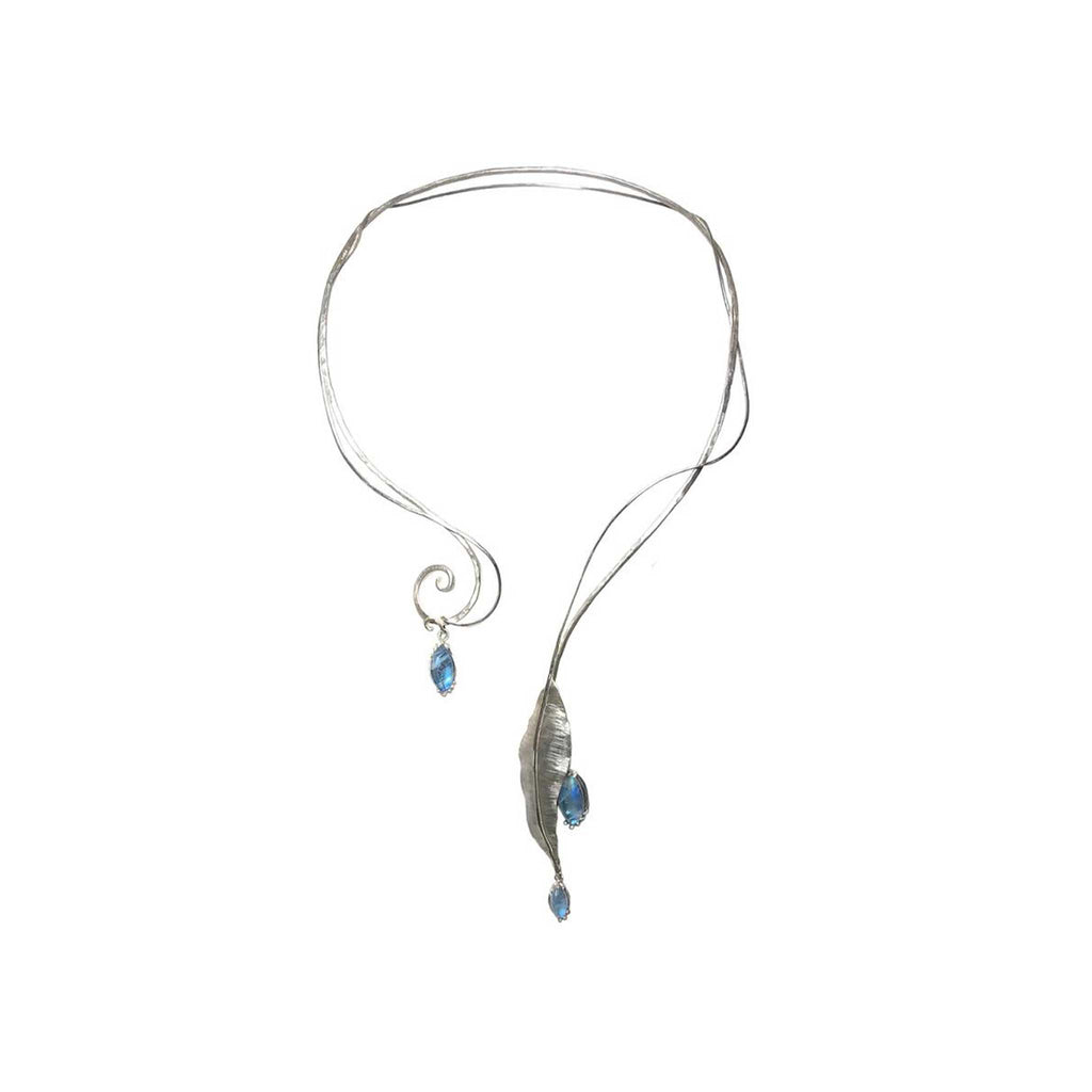 Full view of Summer Rain wearable art collar necklace showing cascading 22-inch sterling silver vine structure with moonstones