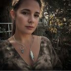 Summer Rain one-of-a-kind collar necklace with hand-forged sterling silver vines and marquise moonstones worn on model