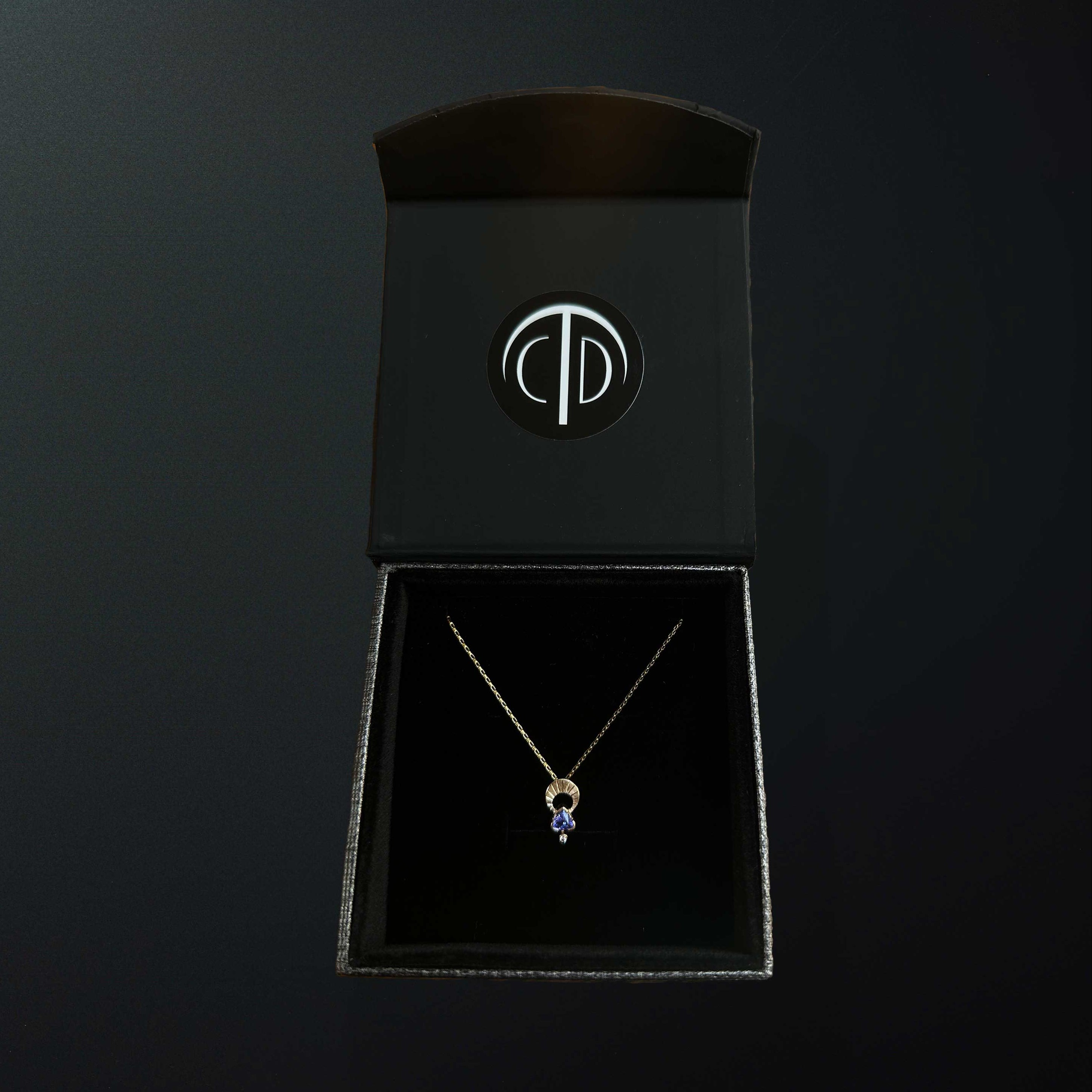 Above and Below tanzanite and 14k gold necklace in Camille Torres Designs gift box