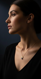 Woman wearing a 14k Gold Moon charm necklace with a trillion tanzanite and diamond on a dark background | Camille Torres Designs