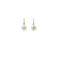Blossom earring showing three-dimensional white matte silver petals with 14K gold ball center on white background