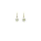 Blossom earring showing three-dimensional white matte silver petals with 14K gold ball center on white background