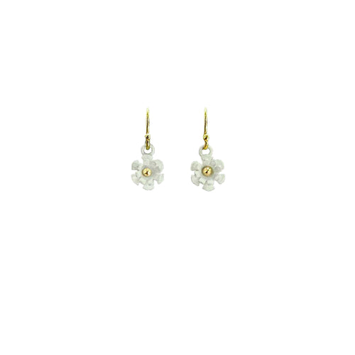 Blossom earring showing three-dimensional white matte silver petals with 14K gold ball center on white background