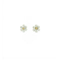 Close-up of 7mm Blossom stud showing white matte silver petals with warm 14K gold ball center