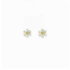 Close up of 7mm Blossom stud showing white matte silver petals with sparkling 1.7mm yellow sapphire in gold center