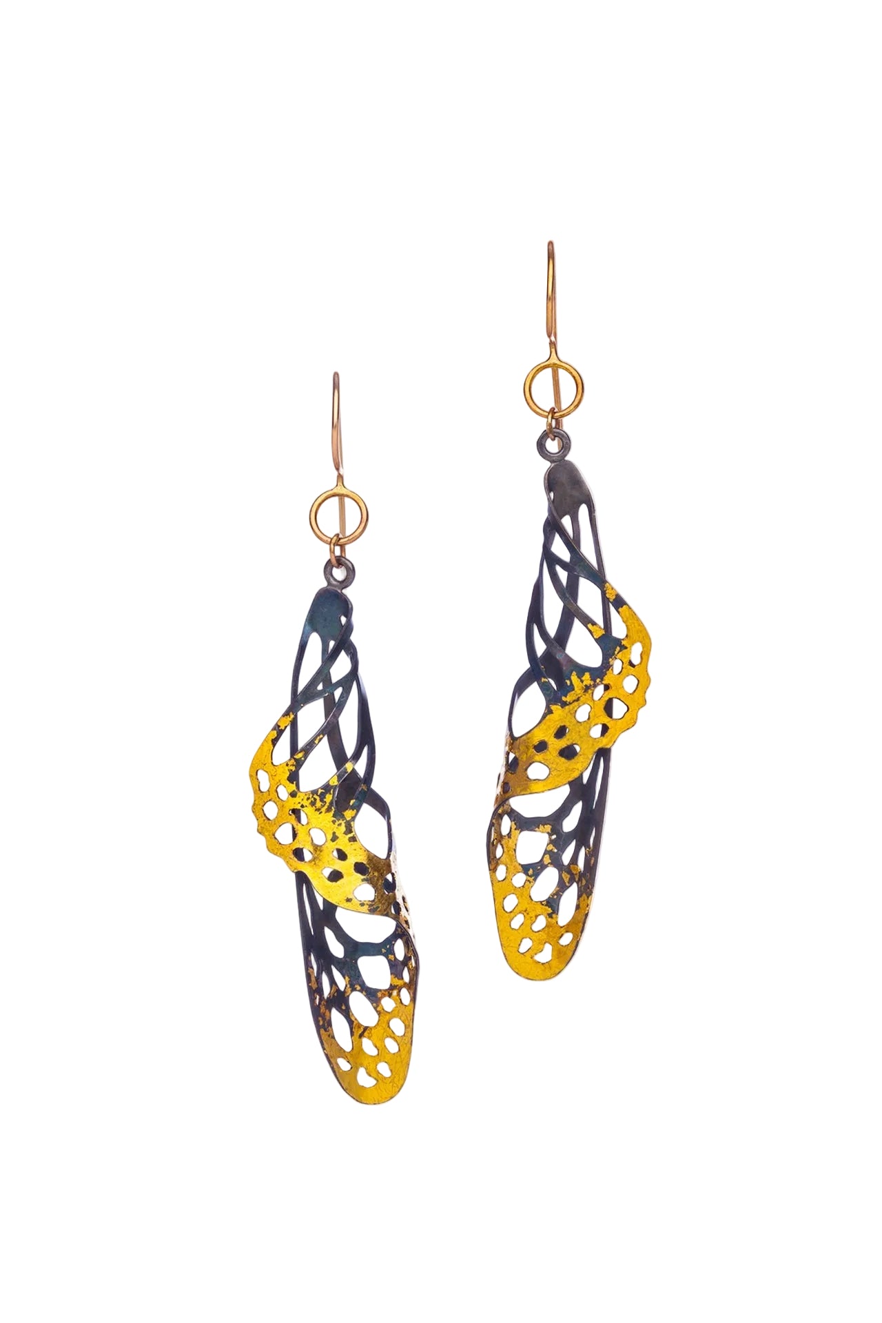 Chrysalis butterfly earrings in keum-boo,  gold and black on a white background