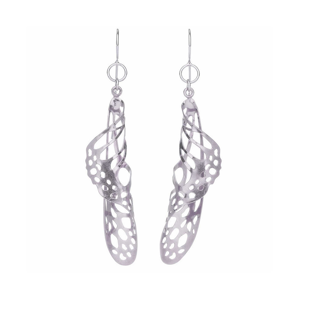 Silver Chrysalis butterfly drop earrings with a unique, openwork design on a white background