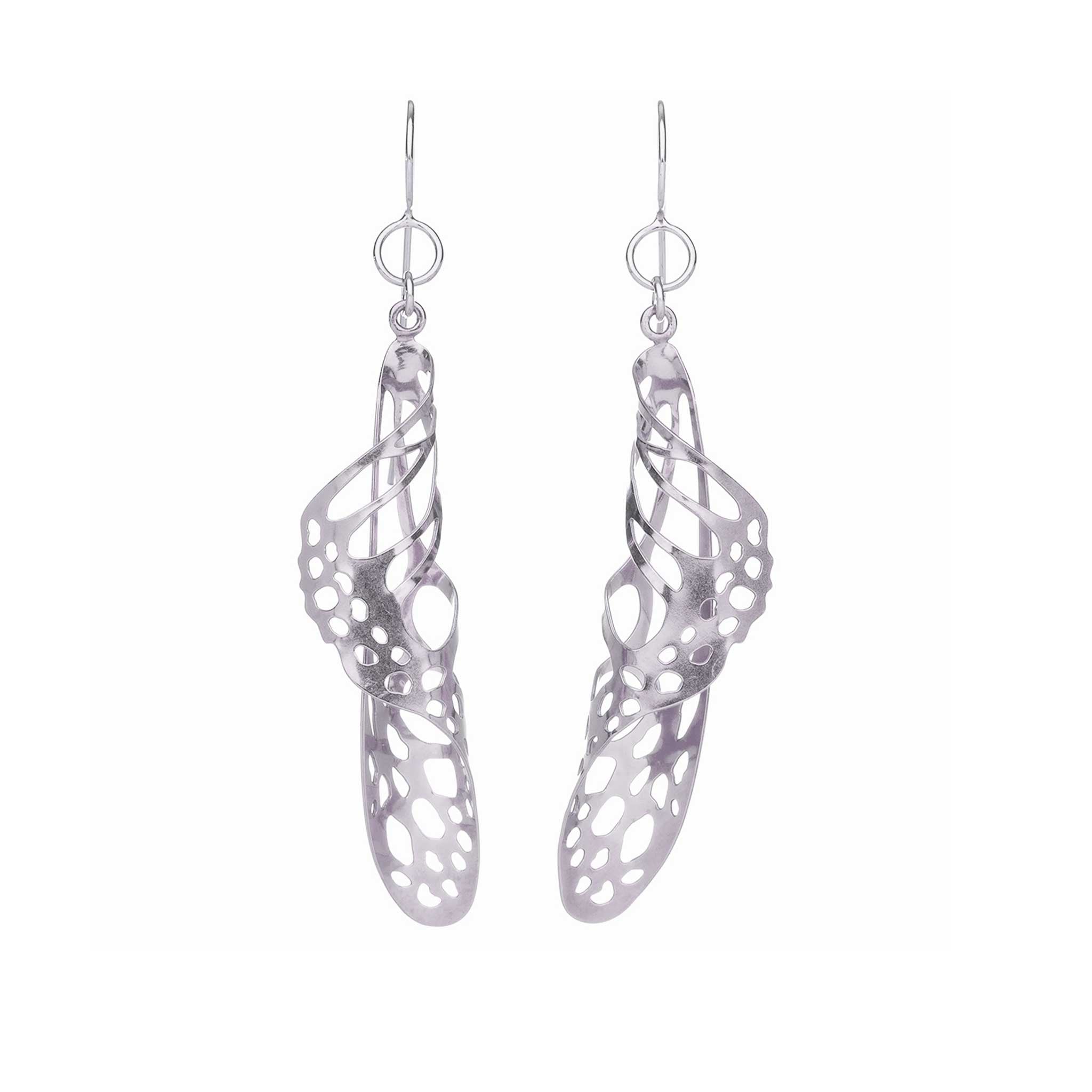 Silver Chrysalis butterfly drop earrings with a unique, openwork design on a white background