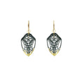 Pair of black and 24k gold Keum-boo Cocoon butterfly dangle earrings on a white background | Camille Torres Designs